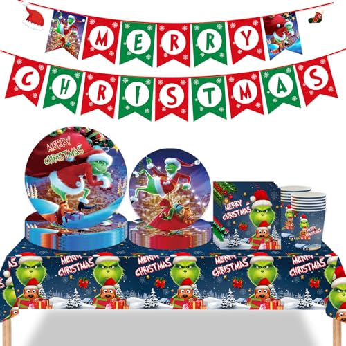 Weihnachten Party Dekorationen Geschirr Set, Weihnachten Einwegpapier Party Tischdecke Tassen Servietten Teller und Frohe Weihnachten Banner für Weihnachten Decor (Grünes Haar Rote Mütze) von Alederways