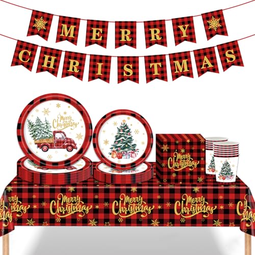 Weihnachten Party Dekorationen Geschirr Set, Weihnachten Einwegpapier Party Tischdecke Tassen Servietten Teller und Frohe Weihnachten Banner für Weihnachten Decor (Rot karierter Weihnachtsbaum) von Alederways