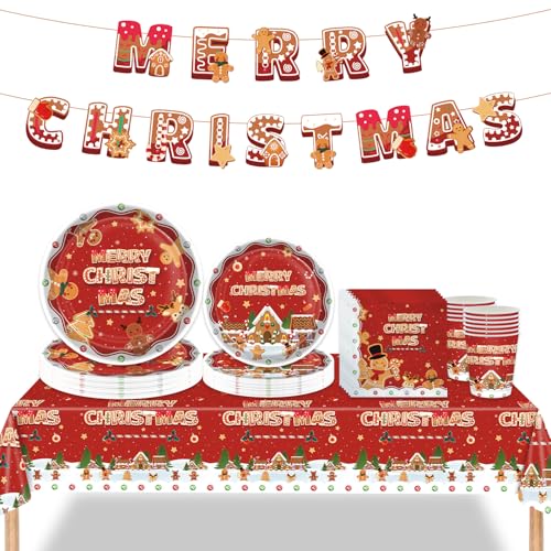 Weihnachten Party Dekorationen Geschirr Set, Weihnachten Einwegpapier Party Tischdecke Tassen Servietten Teller und Frohe Weihnachten Banner für Weihnachten Decor (Roter Pfefferkuchenmann) von Alederways