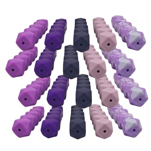 Alenybeby Purple 50PCS Silicone Beads, 14mm Hexagon Silicone Beads Bulk Assorted Rubber Large Polygonal Silicone Loose Beads for Keychain Lanyards Bracelet Necklace Jewelry Making DIY Craft von Alenybeby