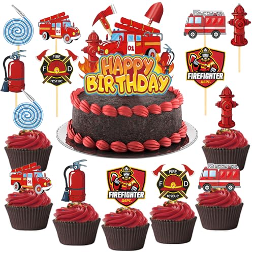 Alethron Feuerwehr Deko Kindergeburtstag, 15 Stück Feuerwehr Geburtstag Deko Fire Truck Cupcake Topper Geburtstagsdeko Feuerwehr Kuchen Deko Feuerwehrmann Tortendeko für Kinder Partydekoration von Alethron