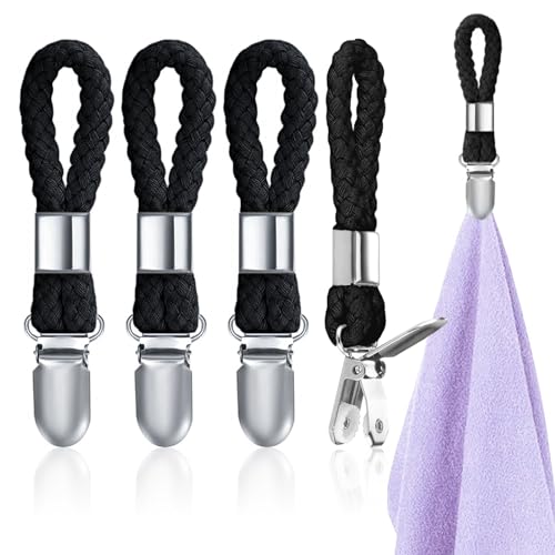 Alethron Handtuchklammern, 4 Stück Aufhänger für Handtücher, Handtuch Aufhänger Ohne Nähen Handtuchclips mit Schlaufen Schwarz Handtuch Klammer Clips zum Aufhängen Handtuchschlaufen von Alethron