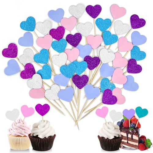 Alethron Muffin Deko, 50 Stück Herzen Cupcake Deko Mehrfarbig Glitter Cupcake Topper Hochzeit Herzen Muffin Topper Geburtstag für Ice-Cream Party Dekoration von Alethron