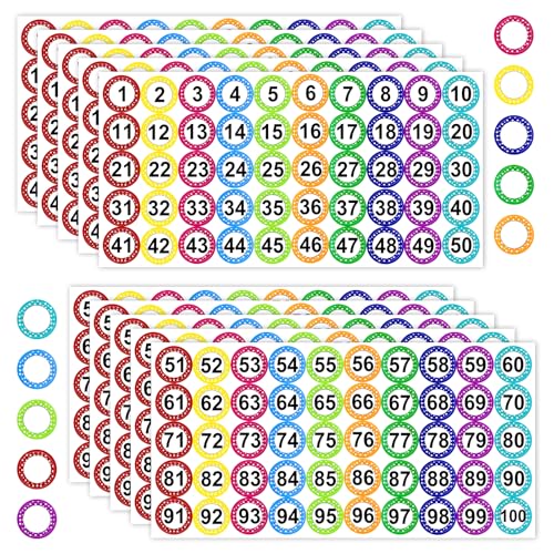 Alethron Zahlen Aufkleber 1-100, 500 Stück Number Stickers Klebezahlen Bunt Zahlenaufkleber 10 Blatt 25mm Runde Nummernaufkleber Etiketten Selbstklebende Zahlen zum Aufkleben für Büro Klassenzimmer von Alethron