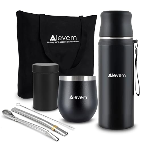 Mate Argentino Komplettes Set, 7-teilig, inklusive mattem Kürbis, 2 matte Glühbirnen, 1 l, Argentinischer Mate-Thermoskanne mit 1 l, Aufbewahrungsbox für Yerba Mate Argentinien und Transporttasche für von Alevem