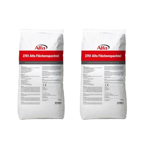 2x Alfa Flächenspachtel 25 kg – Spachtel-Masse zum Spachteln und Glätten von Putz, Mauerwerk etc, leicht zu verarbeiten, Wand-, Decken-Spachtelmasse von Alfa