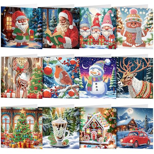 Alftek 12 Stück Diamond Painting Weihnachtskarten, 5D Diamant Malerei Weihnachten Karten Geburtstag Karte Weihnachtskarte Diamant Painting Geschenkkarte Weihnachtsdeko von Alftek