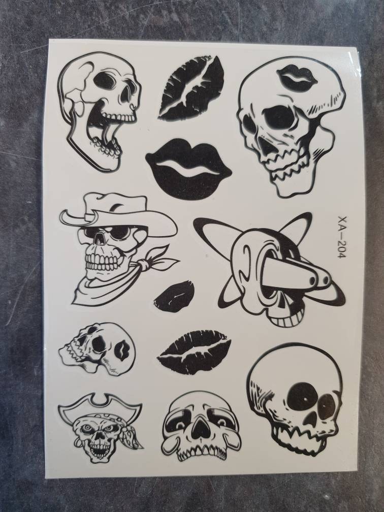 1x Bogen Schwarz Arty Scary Skulls Jungen Mädchen Temporäre Tattoos Für Partys Geschenk Taschen von AliBabasBazaar