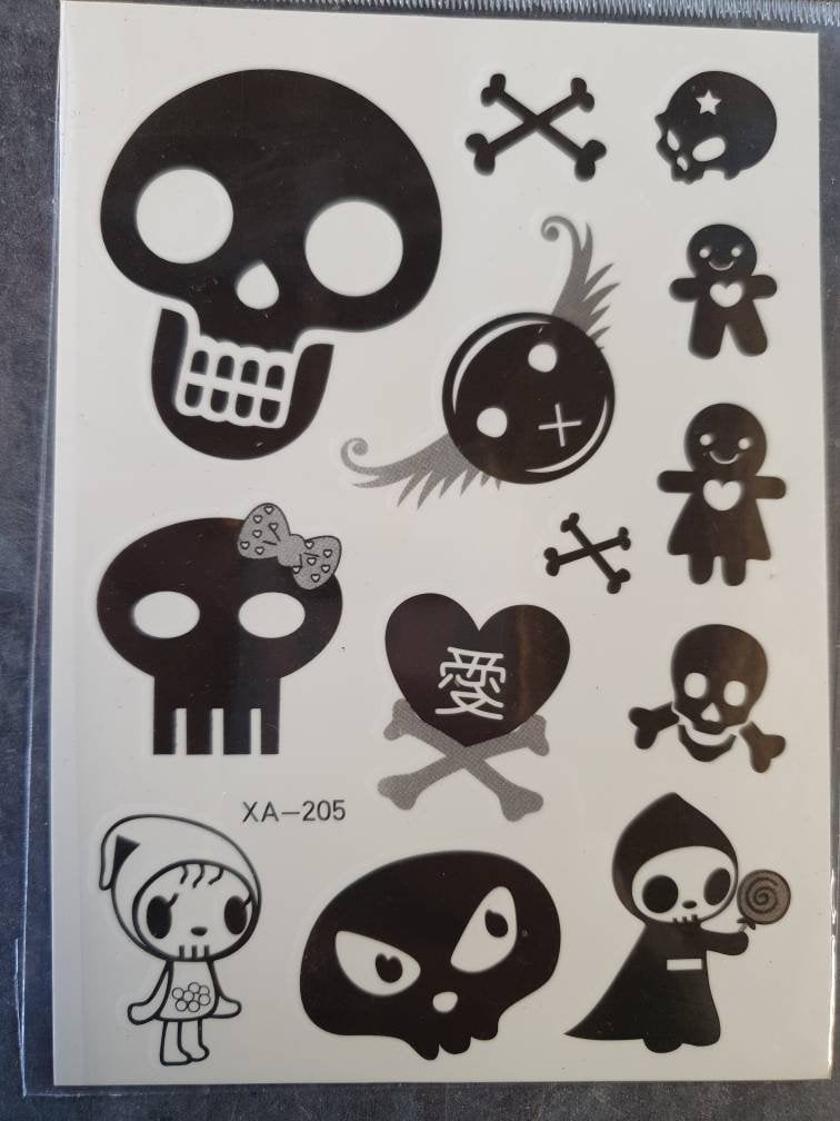 1x Bogen Schwarz Arty Skulls Lebkuchen Jungen Mädchen Temporäre Tattoos Für Partys Geschenk Taschen von AliBabasBazaar