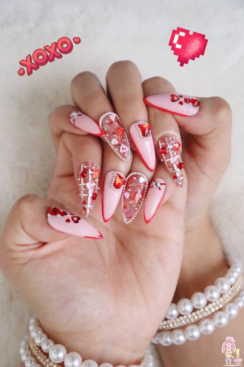 Pink & Rot Drücken Sie Auf Die Nägel | Kawaii Süße |Prinzessinnen |Fake |stiletto |Swarovski Nägel| Gel von AliahKeiDesigns