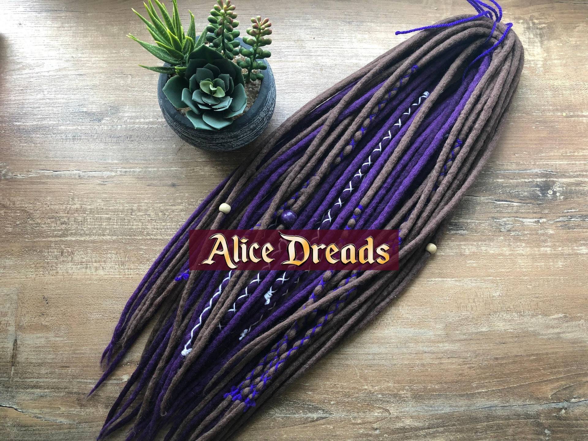 Dreadlock Erweiterungen Set Aus Wolle Dreads Dunkelbraun Und Lila Doppelendige Locken Filz Dreadlocks Haarverlängerung von AliceDreads