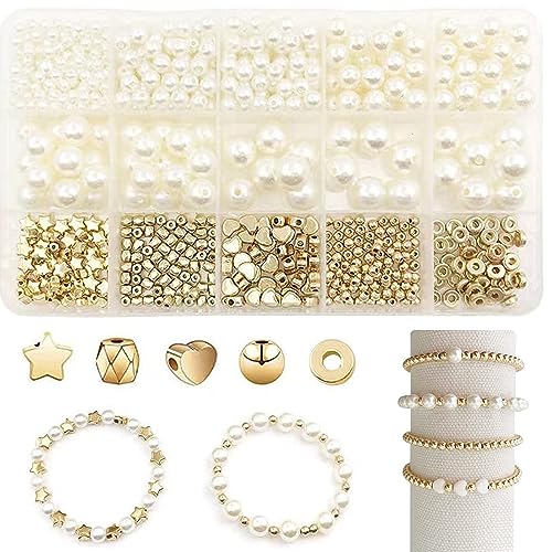 720pcs Perlenperlen für Armbänder Herstellung, Gold weiße runde Perlen Perlen für Schmuckherstellung, DIY Handwerk Perlen mit Aufbewahrungsbox, Perlenperlen für Armband Schmuck von Alicer