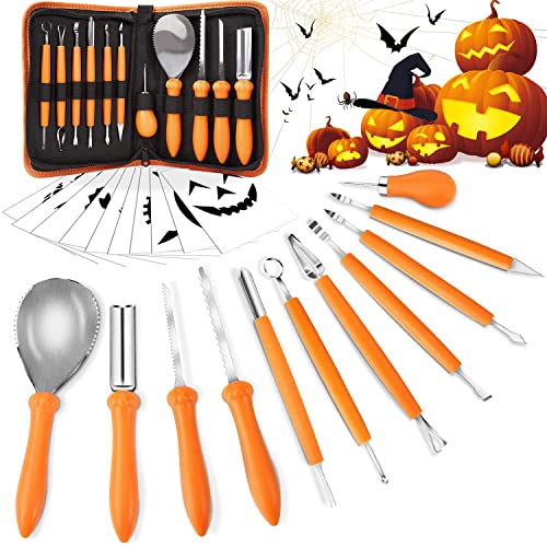 Alintor Kürbis Schnitzset, 11 Stück Deko Schnitzwerkzeug, Kastanienbohrer, Basteln Kinder, Halloween Schnitzen Set (10 Vorlagen) von Alintor