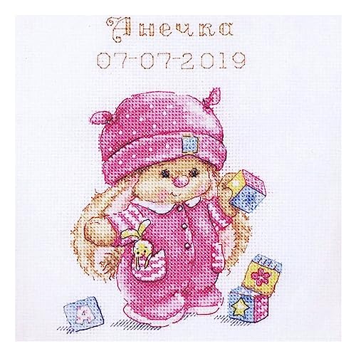 Kreuzstich-Stickset für Erwachsene, Kinder und Anfänger – Geburt – Kaninchen Mi Baby Mädchen 13 x 17 cm, 14 Stück von Alisa