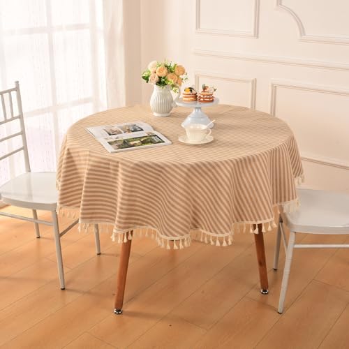 Alishomtll Leinen Gestreifte Quaste Tischdecke Abwischbar Fleckschutz Tischtuch Leinenoptik Waschen Tischdecken, Restaurant Party Garten Dekor Tischwäsche, Beige Weiß Rund 150cm von Alishomtll