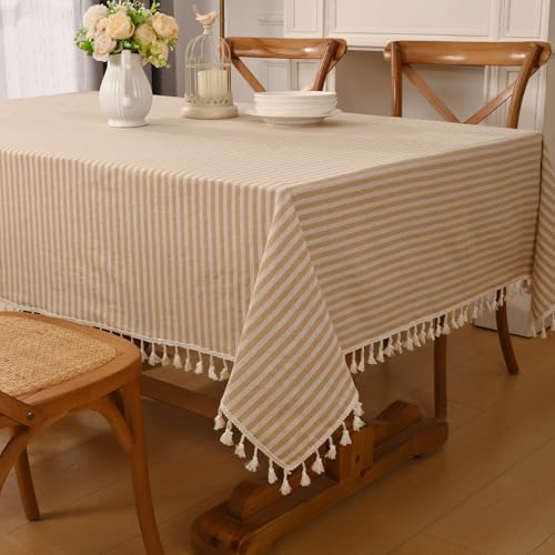 Alishomtll Leinen Gestreifte Quaste Tischdecke Rechteck Abwischbar Fleckschutz Tischtuch Leinenoptik Waschen Tischdecken, Restaurant Party Garten Dekor Tischwäsche, Beige Weiß 100x140cm von Alishomtll