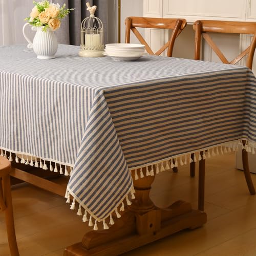 Alishomtll Leinen Gestreifte Quaste Tischdecke Rechteck Abwischbar Fleckschutz Tischtuch Leinenoptik Waschen Tischdecken, Restaurant Party Garten Dekor Tischwäsche, Blau und Weiß 100x140cm von Alishomtll