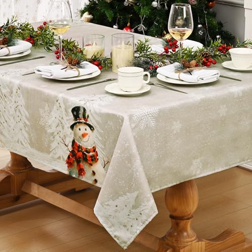 Alishomtll Weihnachten Beige Tischdecke, Schneeflocke Schneemann Weihnachtsbaum Quadratisch Tischdecken, Wasserabweisend Abwaschbar Tischtuch, Winter Party Festliche Deko Tischwäsche 140x140cm von Alishomtll