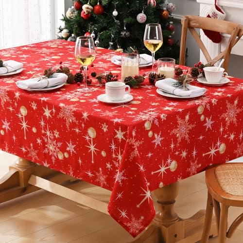 Alishomtll Weihnachten Rot Tischdecke, Gold Schneeflocke Funkelnde Sterne Quadratisch Tischdecken, Wasserabweisend Abwaschbar Tischtuch, Winter Party Festliche Deko Tischwäsche 140x140 cm von Alishomtll