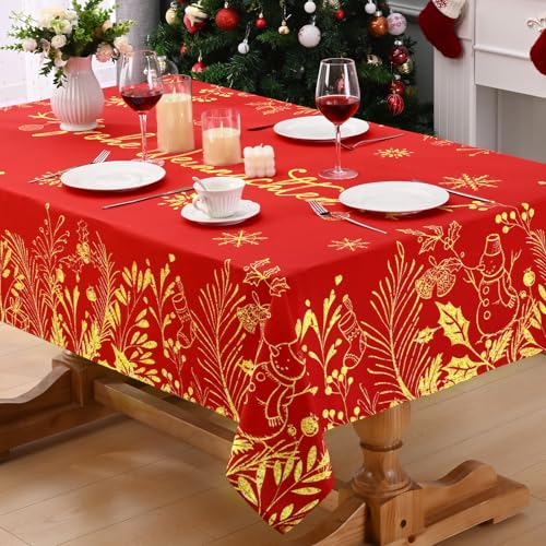 Alishomtll Weihnachten Rot Tischdecke, Gold Schneeflocke Gradient Blätter Rechteckige Tischdecken, Wasserabweisend Abwaschbar Tischtuch, Winter Party Festliche Deko Tischwäsche 130x220 cm von Alishomtll