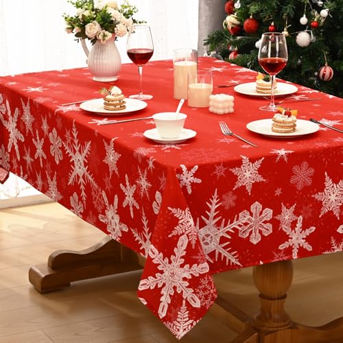 Alishomtll Weihnachten Rot Tischdecke, Schneeflocke Quadratisch Tischdecken, Wasserabweisend Abwaschbar Tischtuch, Winter Party Festliche Deko Tischwäsche 140x140 cm von Alishomtll