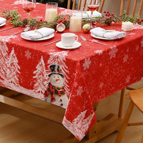 Alishomtll Weihnachten Rot Tischdecke, Schneeflocke Schneemann Weihnachtsbaum Rechteckige Tischdecken, Wasserabweisend Abwaschbar Tischtuch, Winter Party Festliche Deko Tischwäsche 130x220 cm von Alishomtll