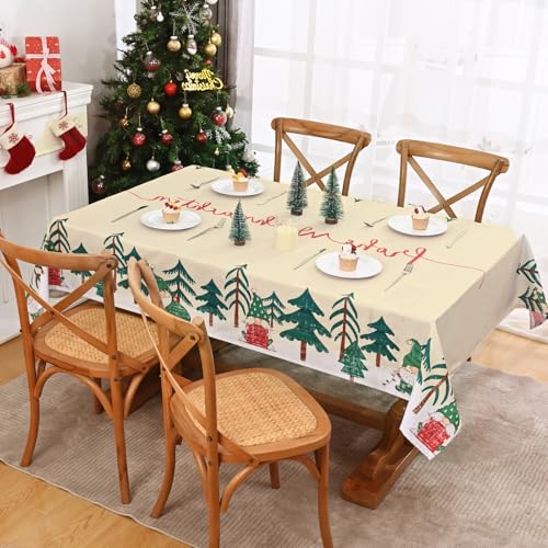 Alishomtll Weihnachten Tischdecke, Soft Beige Wichtel Wasserabweisend Tischtuch, 140×140cm Zwergen Tannenbaum Quadratische Weihnachtstischdecke Abwaschbare Tischdecke für Home Küche Feier von Alishomtll