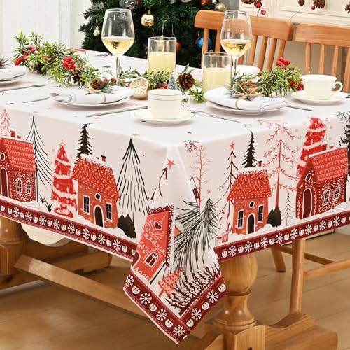 Alishomtll Weihnachten Tischdecke, Beige Schneeflocke Cartoon Häuser Baum Quadratisch Tischdecken, Wasserabweisend Abwaschbar Tischtuch, Winter Party Festliche Deko Tischwäsche 140x140 cm von Alishomtll