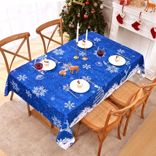 Alishomtll Weihnachten Tischdecke, Blau Abwaschbare Wasserabweisend Schmutzabweisend Tischtuch, Schneeflockenmuster Rechteckige Weihnachts Tischdecke Pflegeleicht für Home Küche Deko Außen 140×240cm von Alishomtll