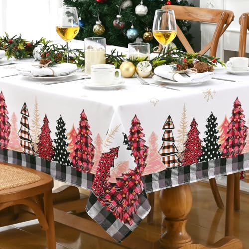 Alishomtll Weihnachten Tischdecke, Gold Schneeflocke Weihnachtsbaum Quadratisch Tischdecken, Wasserabweisend Abwaschbar Kariert Tischtuch, Winter Party Deko Tischwäsche, Weiß Rosa 140x140 cm von Alishomtll