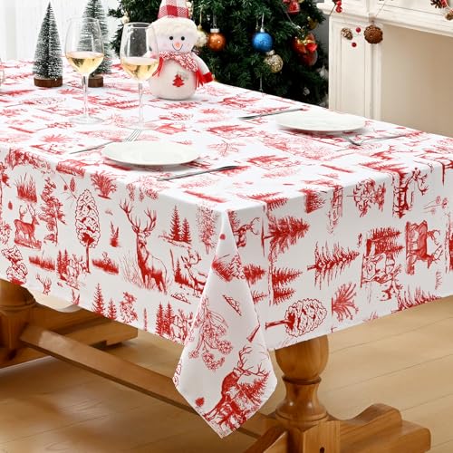 Alishomtll Weihnachten Tischdecke, Tinte Elch Weihnachtsbaum Rot Quadratisch Tischdecken, Wasserabweisend Abwaschbar Tischtuch, Winter Party Festliche Deko Tischwäsche, Weiß 140x140 cm von Alishomtll