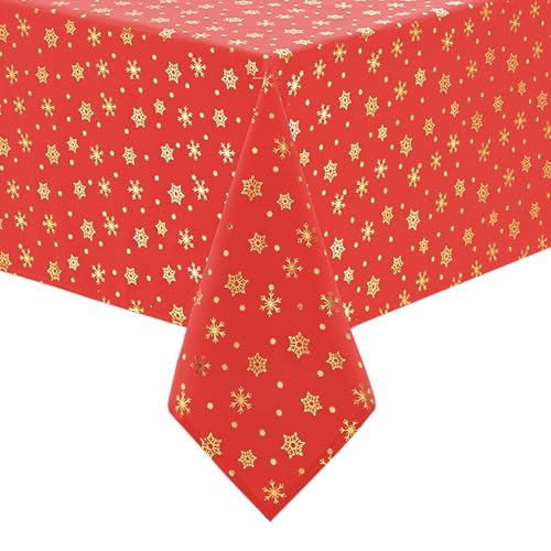 Alishomtll Weihnachten Tischdecke Abwaschbar, Schmutzabweisend Lotuseffekt Rot Tischtuch mit golden Schneeflocken Fleckschutz, Wasserabweisend Tischwäsche für Küche Esszimer Party Feiertag 140x240cm von Alishomtll