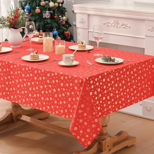 Alishomtll Weihnachten Tischdecke Abwaschbar, Schmutzabweisend Lotuseffekt Rot Tischtuch mit golden Schneeflocken Fleckschutz, Wasserabweisend Tischwäsche für Küche Esszimer Party Feiertag 130x220cm von Alishomtll