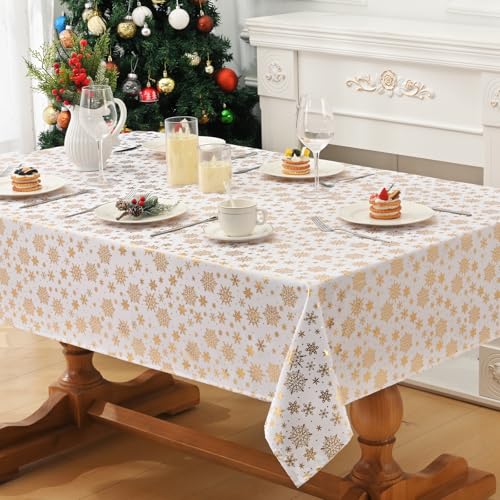 Alishomtll Weihnachten Tischdecke Weiß Abwaschbar, Schmutzabweisend Lotuseffekt Tischtuch mit golden Schneeflocken Fleckschutz, Wasserabweisend Tischwäsche für Küche Esszimer Party Feiertag 140x240cm von Alishomtll