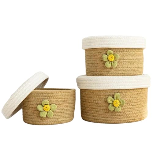 3-teiliger Kosmetik Aufbewahrungskorb aus natürlichem Baumwollgarn mit Deckel - Waschbarer und dekorativer Korb für die Aufbewahrung von Alissvater