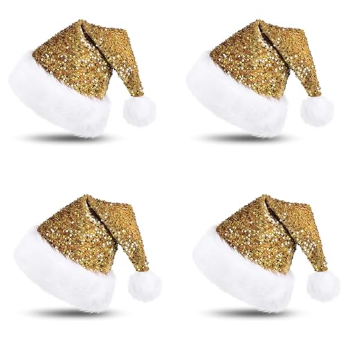 Aliuciku Pailletten-Weihnachtsmannmütze, Klassische Plüsch-Pailletten-Weihnachtsmannmütze Weihnachtsmütze für Erwachsene Weihnachtsfeiertage Neujahrsparty(Gold,4Pcs) von Aliuciku