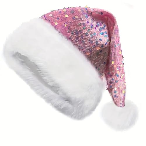 Aliuciku Pailletten-Weihnachtsmannmütze, Klassische Plüsch-Pailletten-Weihnachtsmannmütze Weihnachtsmütze für Erwachsene Weihnachtsfeiertage Neujahrsparty(Pink) von Aliuciku