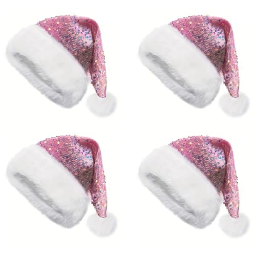 Aliuciku Pailletten-Weihnachtsmannmütze, Klassische Plüsch-Pailletten-Weihnachtsmannmütze Weihnachtsmütze für Erwachsene Weihnachtsfeiertage Neujahrsparty(Pink,4Pcs) von Aliuciku