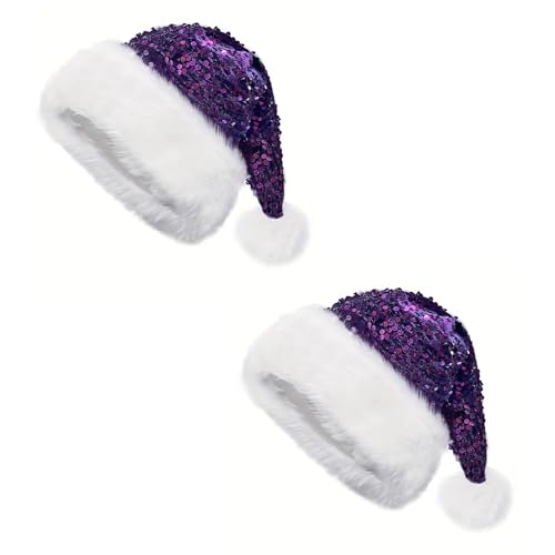 Aliuciku Pailletten-Weihnachtsmannmütze, Klassische Plüsch-Pailletten-Weihnachtsmannmütze Weihnachtsmütze für Erwachsene Weihnachtsfeiertage Neujahrsparty(Purple,2Pcs) von Aliuciku