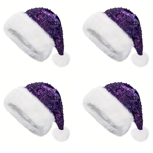 Aliuciku Pailletten-Weihnachtsmannmütze, Klassische Plüsch-Pailletten-Weihnachtsmannmütze Weihnachtsmütze für Erwachsene Weihnachtsfeiertage Neujahrsparty(Purple,4Pcs) von Aliuciku