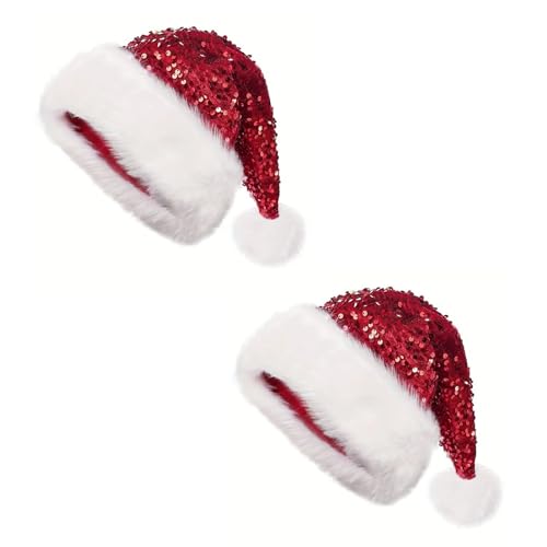 Aliuciku Pailletten-Weihnachtsmannmütze, Klassische Plüsch-Pailletten-Weihnachtsmannmütze Weihnachtsmütze für Erwachsene Weihnachtsfeiertage Neujahrsparty(Red,2Pcs) von Aliuciku