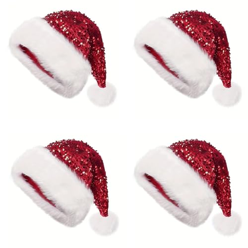 Aliuciku Pailletten-Weihnachtsmannmütze, Klassische Plüsch-Pailletten-Weihnachtsmannmütze Weihnachtsmütze für Erwachsene Weihnachtsfeiertage Neujahrsparty(Red,4Pcs) von Aliuciku