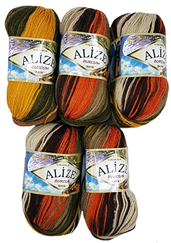 Alize Burcum Batik 5 x 100 Gramm Wolle Mehrfarbig mit Farbverlauf, 500 Gramm Strickwolle (Ocker orange brau u.a. 6060) von Alize Burcum Batik