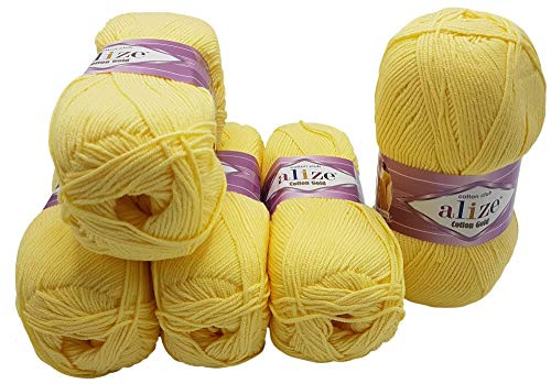 5 x 100g Strickwolle Alize Cotton gold mit 55% Baumwolle, 500 Gramm Wolle einfarbig (gelb 187) von Alize Cotton gold