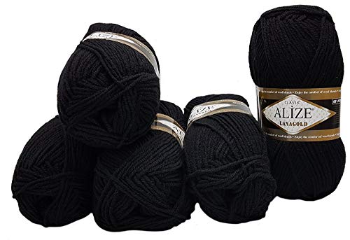 Alize Lanagold 5 x 100g Strickwolle mit 49% Wolle 500 Gramm Wolle einfarbig (Schwarz ( 60 )) von Alize Lanagold