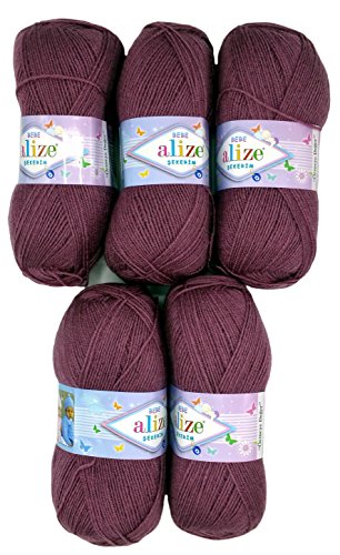 5 x 100g Strickwolle Alize Bebe einfarbig, 500 Gramm Wolle zum Stricken und Häkeln (Beere 28) von Alize Sekerim Bebe