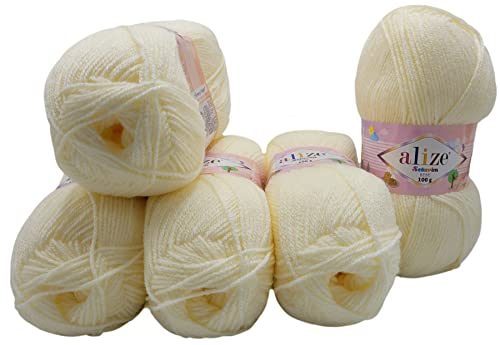 5 x 100g Strickwolle Alize Bebe einfarbig, 500 Gramm Wolle zum Stricken und Häkeln (Creme 62) von Majen