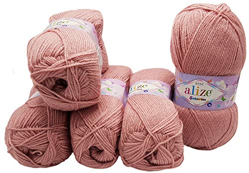 5 x 100g Strickwolle Alize Bebe einfarbig, 500 Gramm Wolle zum Stricken und Häkeln (altrosa 315) von Alize Sekerim Bebe