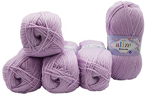 5 x 100g Strickwolle Alize Bebe einfarbig, 500 Gramm Wolle zum Stricken und Häkeln (flieder 27) von Alize Sekerim Bebe