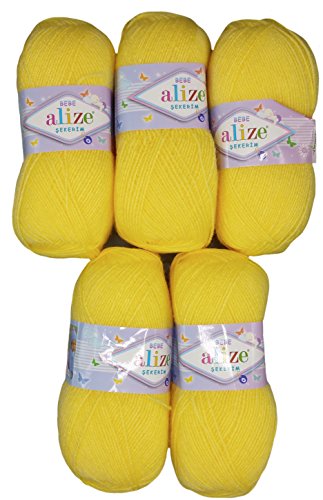 5 x 100g Strickwolle Alize Bebe einfarbig, 500 Gramm Wolle zum Stricken und Häkeln (gelb 187) von Alize Sekerim Bebe